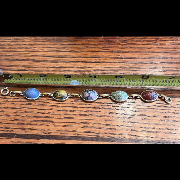 14K Yellow Gold Scarab Bracelet With Oval Gemstones 7 Inches vintage